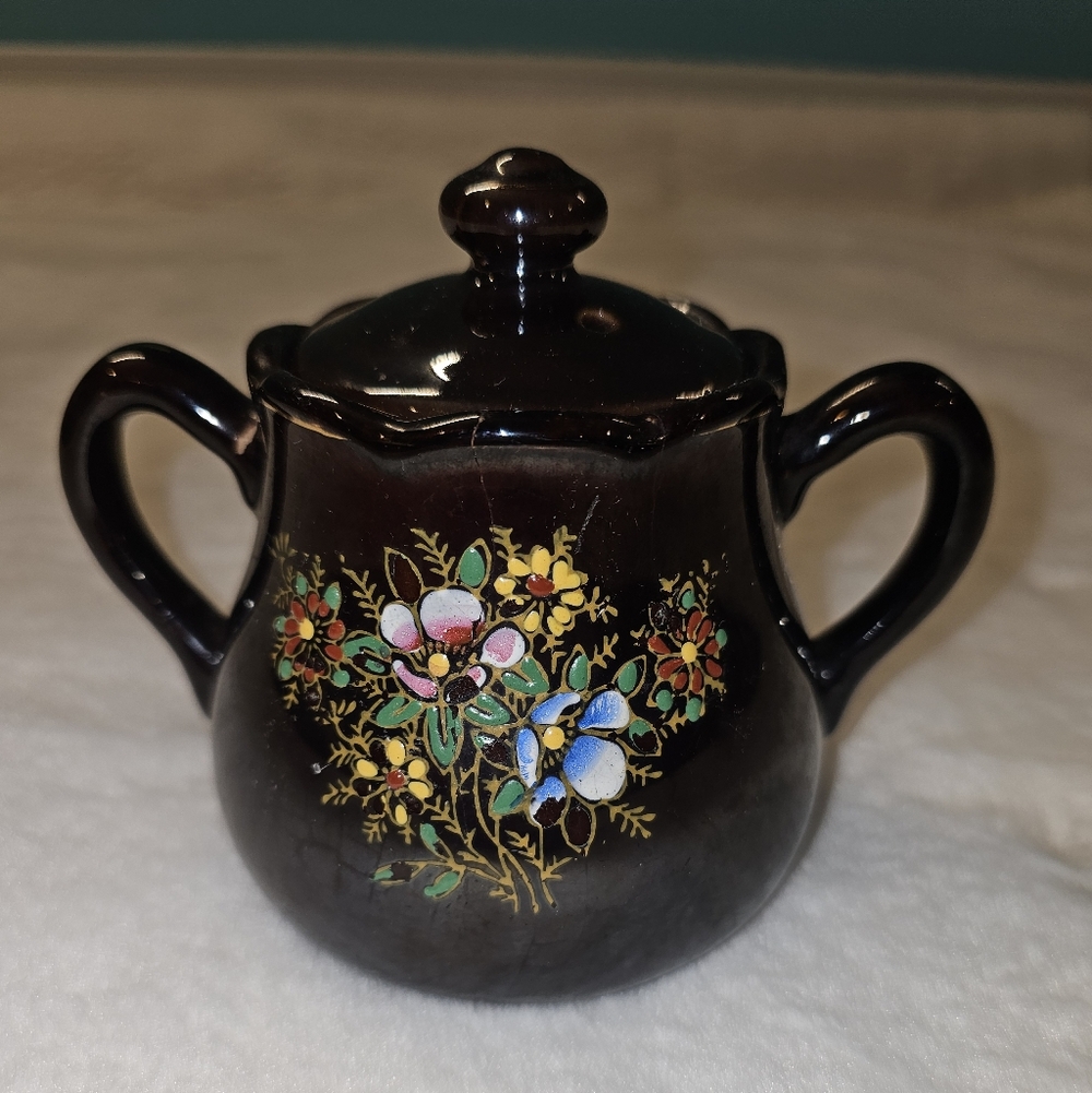 Floral Japenese Moriage Redware Black Ceramic Sugar Bowl